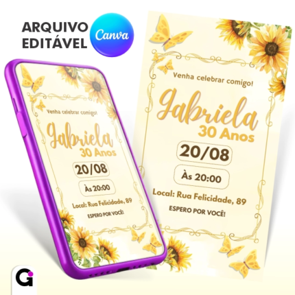 convite digital girassol simples floral amarelo editável canva elegante