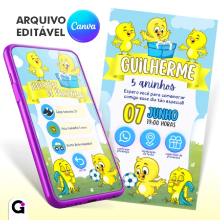 convite digital pintinho amarelinho interativo infantil editável canva tema galinha pintadinha