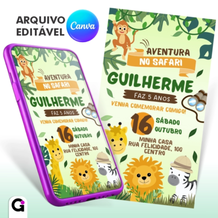 convite digital safari simples infantil editável canva animais selva festa
