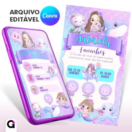 convite digital sereia cute interativo infantil editável canva tema fundo do mar fofo