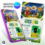 convite copa do mundo 2026 brasil com mascotes e figurinha personalizada editável canva