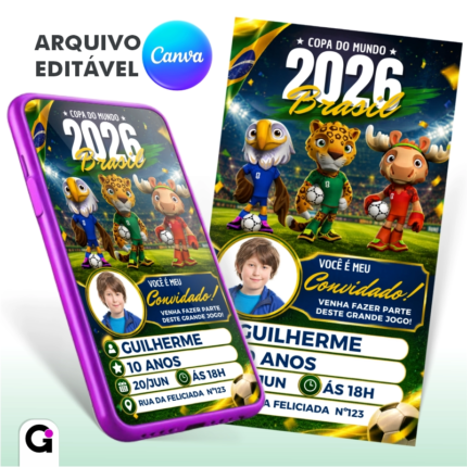 convite copa do mundo 2026 brasil infantil editável canva com foto futebol