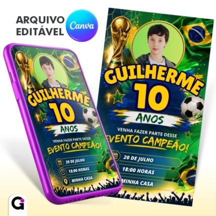 convite copa do mundo brasil editável canva com foto tema futebol