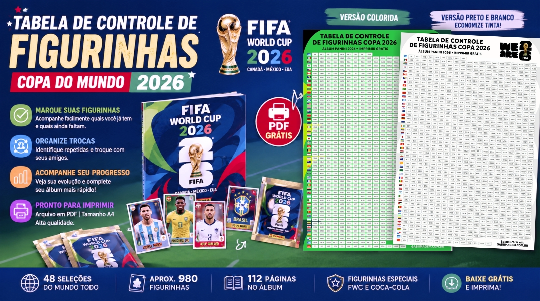 Tabela de Controle de Figurinhas Copa do Mundo 2026 para Imprimir (PDF Grátis)