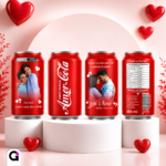 Arte digital personalizada de latinha Coca-Cola para o Dia dos Namorados, com tema romântico 'Amor-Cola'