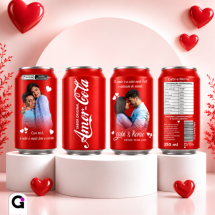 Arte digital personalizada de latinha Coca-Cola para o Dia dos Namorados, com tema romântico 'Amor-Cola'