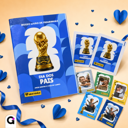 Álbum de figurinha dia dos pais editável no Canva, com tema de Copa do Mundo 2026, perfeito para presentear.