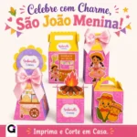 Kit Festa Junina Rosa Menina digital, com diversas caixinhas e apliques para decoração de festa de São João feminina.