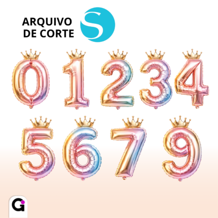 arquivo de corte numeros baloes metalizados com coroa degrade pastel silhouette studio