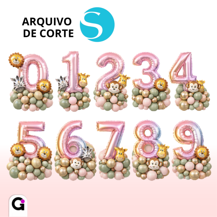 arquivo de corte numeros baloes metalizados rosa safari silhouette studio