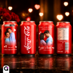 Arte digital personalizada de latinha Coca-Cola para o Dia dos Namorados, com tema romântico 'Amor-Cola'