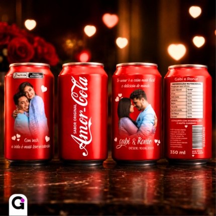 Arte digital personalizada de latinha Coca-Cola para o Dia dos Namorados, com tema romântico 'Amor-Cola'