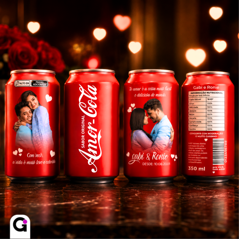 Arte digital personalizada de latinha Coca-Cola para o Dia dos Namorados, com tema romântico 'Amor-Cola'