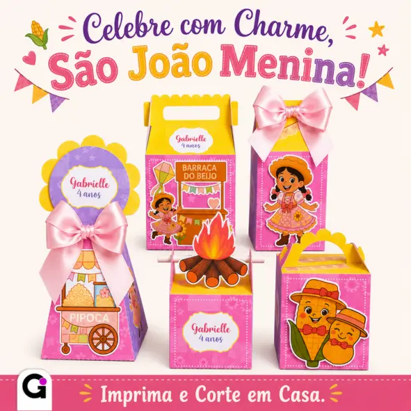 Kit Festa Junina Rosa Menina digital, com diversas caixinhas e apliques para decoração de festa de São João feminina.