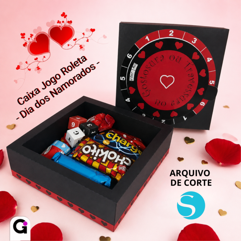 Arquivo de Corte Caixa Jogo Roleta Dia dos Namorados para Silhouette Studio com roleta interativa e espaço para chocolates