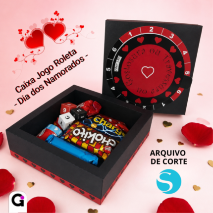 Arquivo de Corte Caixa Jogo Roleta Dia dos Namorados para Silhouette Studio com roleta interativa e espaço para chocolates