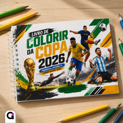 Capa do Livro de Colorir Copa 2026 com ilustrações vibrantes de futebol e a bandeira do Brasil