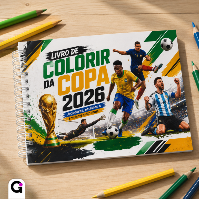Capa do Livro de Colorir Copa 2026 com ilustrações vibrantes de futebol e a bandeira do Brasil