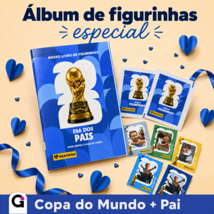Álbum de figurinha dia dos pais editável no Canva, com tema de Copa do Mundo 2026, perfeito para presentear.