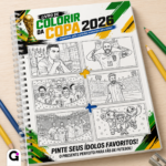 Capa do Livro de Colorir Copa 2026 com ilustrações vibrantes de futebol e a bandeira do Brasil