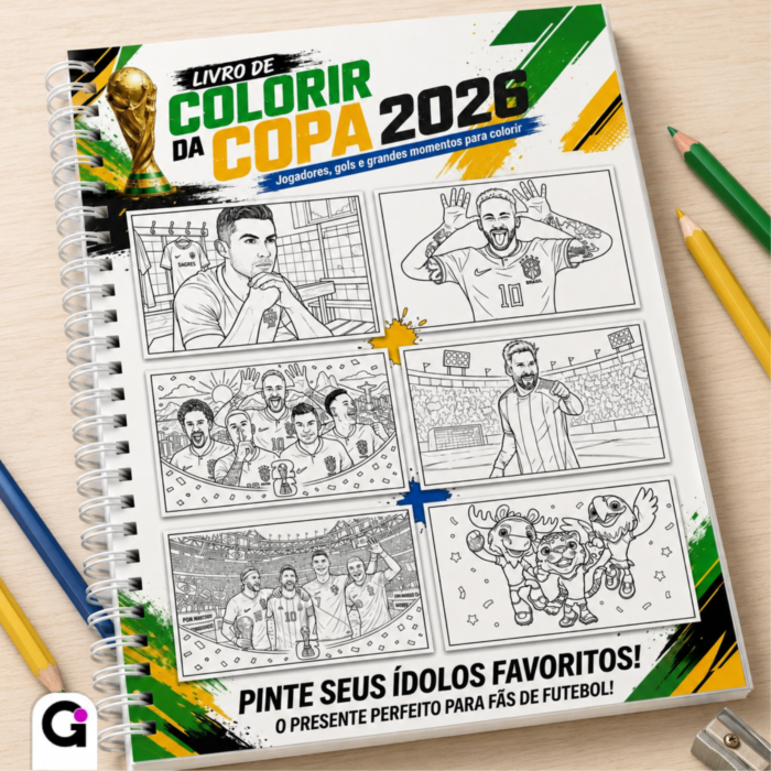 Capa do Livro de Colorir Copa 2026 com ilustrações vibrantes de futebol e a bandeira do Brasil