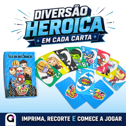 Imagem do Jogo Uno Vingadores em formato digital, pronto para impressão e corte, com personagens icônicos dos Vingadores.