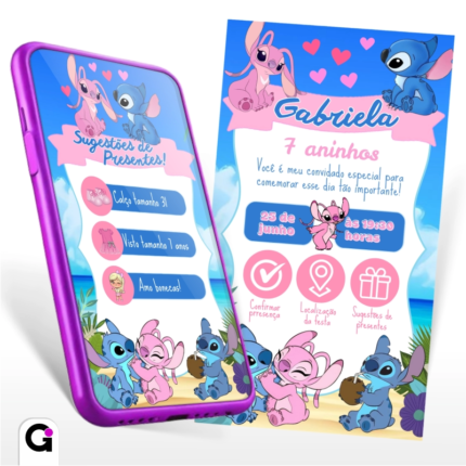 Convite Stitch e Angel Interativo digital, para aniversário de 7 anos da Gabriela, com botões clicáveis para localização e confirmação de presença.