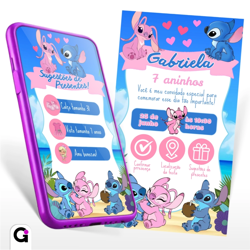 algel Convite Stitch e Angel Interativo digital, para aniversário de 7 anos da Gabriela, com botões clicáveis para localização e confirmação de presença.