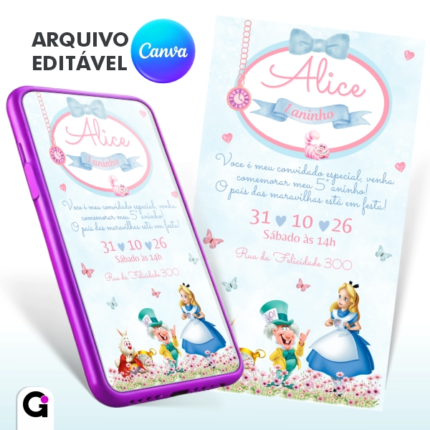 convite alice no pais das maravilhas digital editavel canva pdf png