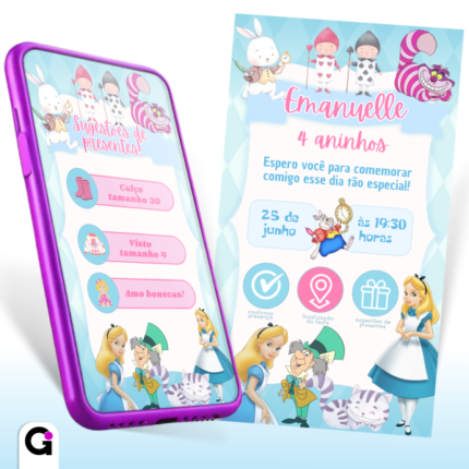 Modelo de convite Alice no País das Maravilhas interativo para aniversário infantil, personalizável no Canva, com Alice, Chapeleiro e Gato de Cheshire.