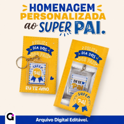 Caixa para Chaveiro Dia dos Pais com design Super Pai editável no Canva, ideal para presente criativo e personalizado.