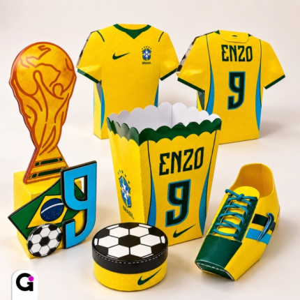 Kit 5 Arquivos de Corte Copa Brasil para lembrancinhas personalizadas de festa infantil com tema futebol e seleção brasileira.