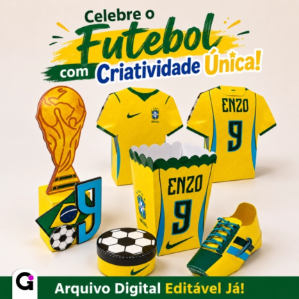 Kit 5 Arquivos de Corte Copa Brasil para lembrancinhas personalizadas de festa infantil com tema futebol e seleção brasileira.