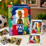 Layout aberto do album de figurinha o melhor pai editável no Canva pronto para imprimir.