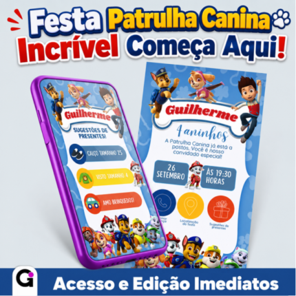 Convite Patrulha Canina Interativo de Aniversário Infantil com Ryder, Chase e Marshall para o Guilherme 4 anos, com botões de RSVP e localização.