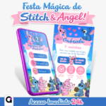 Convite Stitch e Angel Interativo digital, para aniversário de 7 anos da Gabriela, com botões clicáveis para localização e confirmação de presença.