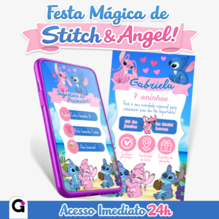 Convite Stitch e Angel Interativo digital, para aniversário de 7 anos da Gabriela, com botões clicáveis para localização e confirmação de presença.