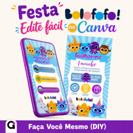 Convite Bolofofos interativo digital para aniversário infantil com personagens Bunny, Rick, Sophie, Pow e Pipi.