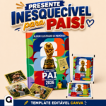 Layout aberto do album de figurinha o melhor pai editável no Canva pronto para imprimir.