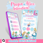 Modelo de convite Alice no País das Maravilhas interativo para aniversário infantil, personalizável no Canva, com Alice, Chapeleiro e Gato de Cheshire.