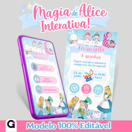 Modelo de convite Alice no País das Maravilhas interativo para aniversário infantil, personalizável no Canva, com Alice, Chapeleiro e Gato de Cheshire.