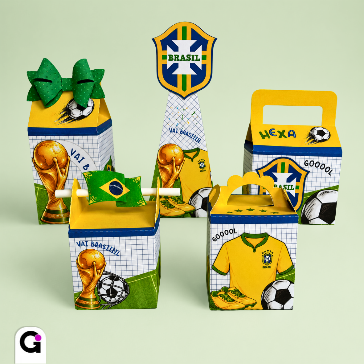 imagem anuncio Kit 5 caixa Copa do Mundo Brasil para festa infantil, com designs exclusivos da seleção brasileira de futebol em formato Studio Silhouette.