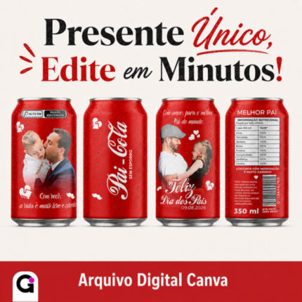 Arte Lata Coca-Cola Dia dos Pais editável no Canva, com design exclusivo para homenagear pais com fotos emocionantes e mensagens de carinho.