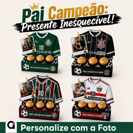 Caixa 3 Bombons Dia dos Pais Time de futebol personalizada para Ferrero Rocher com tema de time e foto.
