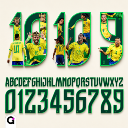 Arte digital da Fonte Seleção Brasil Copa 2026 em camisa para personalização de torcedores e celebrações do futebol.