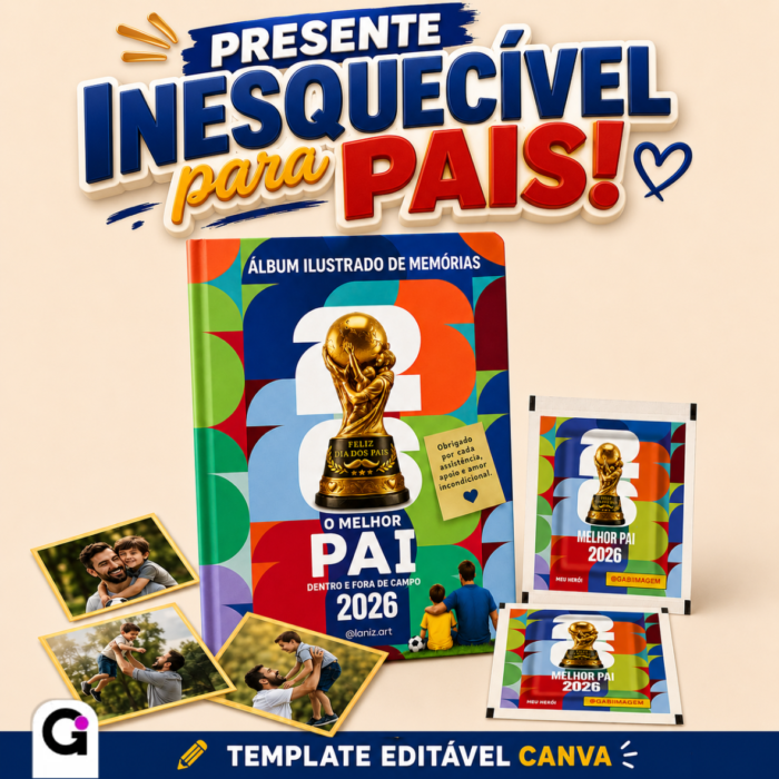 Layout aberto do album de figurinha o melhor pai editável no Canva pronto para imprimir.