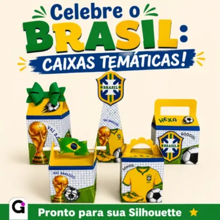 Kit 5 caixa Copa do Mundo Brasil para festa infantil, com designs exclusivos da seleção brasileira de futebol em formato Studio Silhouette.