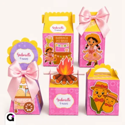 Kit Festa Junina Rosa Menina digital, com diversas caixinhas e apliques para decoração de festa de São João feminina.