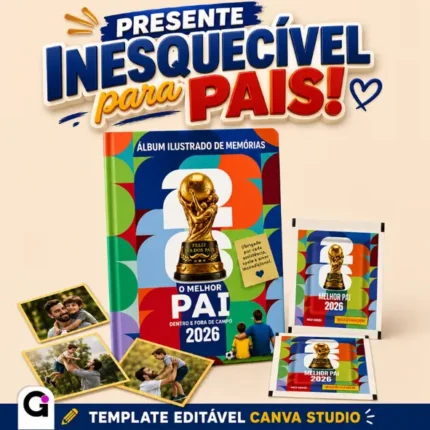 Layout aberto do album de figurinha o melhor pai editável no Canva pronto para imprimir.