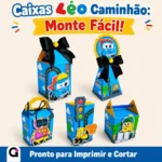 Kit 5 Caixa Léo Caminhão com 5 modelos variados (alta, canudo, maleta, milk, pirâmide) para festas infantis temáticas, pronto para corte Silhouette e impressão.